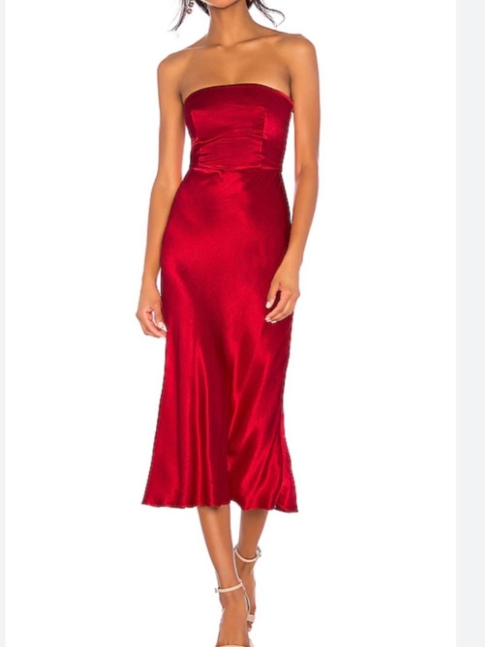 Bec + Bridge Strapless Red Satin Midi Dress with Sleek Silhouette Open Back